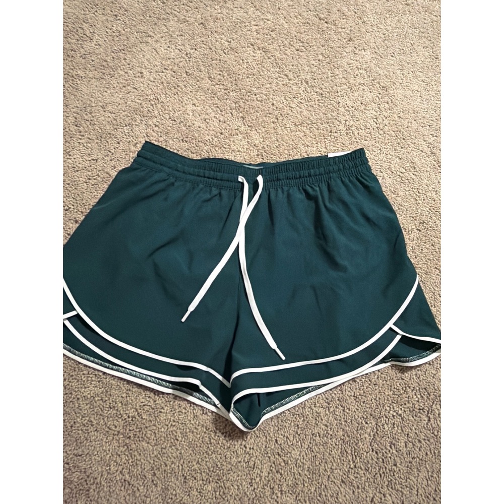 Calia NWT Dark Green Athletic Dolphin Shorts White Contrast Trim Layered Hem New